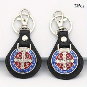 2pcs PU 가죽 세인트 베네딕트 펜던트 열쇠 고리 열쇠 고리 종교 예수 세인트 베네딕트 키 체인 여성 남성 카톨릭 세례 쥬얼리