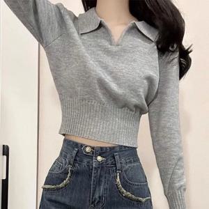 Xpqbb 한국 시크 턴다운 칼라 스웨터, 여성용 회색 슬림 핏 긴팔 크롭 스웨터, 여성용 스트리트웨어 니트 풀오버