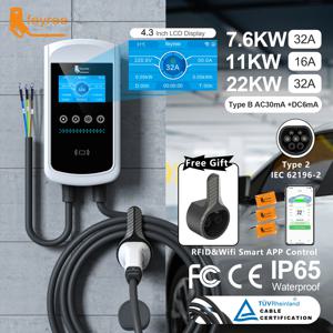 Feyree 22KW 32A Type2 EV 충전기 11KW 3P EVSE Wallbox 7.6KW 1P 4.3 인치 화면 새로운 스마트 APP 제어 충전 스테이션 차량용 충전기