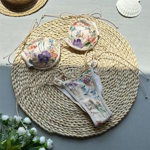 여성용 티팬티 마이크로 푸시업 비키니 세트, 베이지 반짝이 꽃 자수 수영복, 섹시한 수영복, 세트 스트링 비키니, 2025