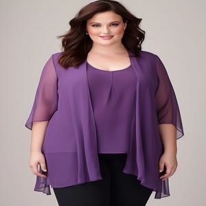 Flycurvy 플러스 사이즈 매일 보라색 쉬폰 하프 슬리브 카디건 여성용 두 조각 블라우스 Dressy Casual