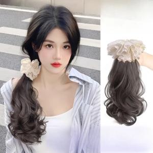여성용 합성 중국 스타일 자연스러운 푹신한 약간 곱슬 레이스 플라워 로우 포니테일 그랩 클립 가발, 헤어 볼륨 익스텐션, 35cm
