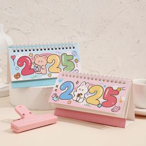 1 pc 2025 귀여운 만화 월간 책상 달력 스탠딩 플립 코일 데스크탑 달력 플래닝 일정 학교를위한 메모 메모 포함