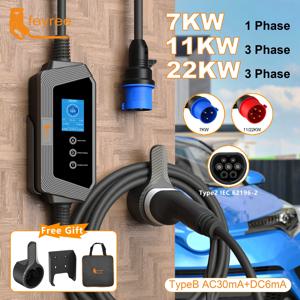 Feyree 휴대용 EV 충전기 Type2 22KW 11KW 3P 고속 충전 7KW 32A 1P 전기 자동차 용 전류 설정 충전 시간 조정