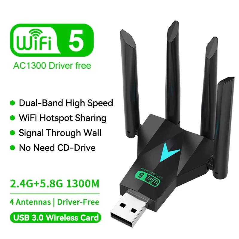 듀얼 밴드 1300Mbps WiFi USB 어댑터 2.4G/5Ghz Wi-Fi 동글 USB3.0 802.11AC PC/노트북 드라이버용 4 안테나 무선 수신기 무료