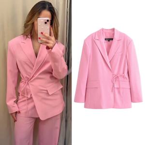 TRAF 여성 봄 우아한 블레이저 2025 긴 소매 보우 레이스 업 자켓 패션 캐주얼 오피스 롱 핑크 코트 Outerwears의 새로운 기능
