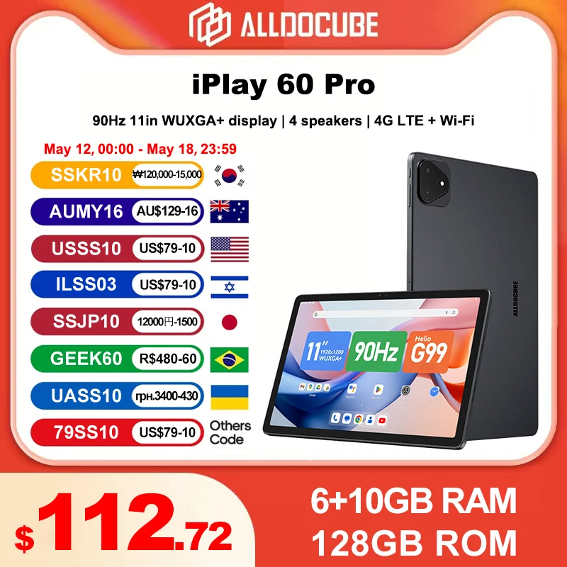 ALLDOCUBE iPlay 60 프로 태블릿, 11 인치, 90Hz 디스플레이, 6GB + 6GB RAM, 128GB ROM, 안드로이드 14 헬리오 G99 옥타 코어, 7000mAh, 4G LTE 및 와이파이