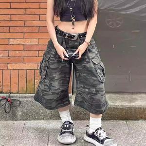 아메리칸 레트로 카모 데님 7피트 바지 루즈핏 캐주얼 멀티 포켓 작업복 반바지 남성과 여성 여름 트렌디 스트리트웨어