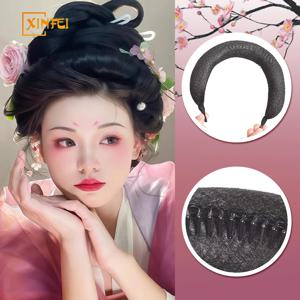 XINFEI 합성 중국어 번체 Hanfu 가발 헤어 번들 레트로 블랙 Chignon 가짜 고대 중국 헤어 번들 코스프레 가발