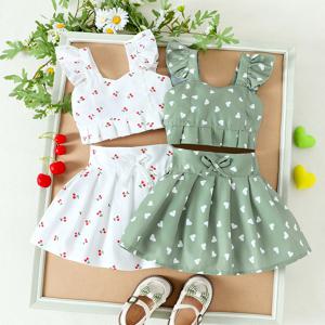 2PCS 여름 새 스타일 여자 1-4 세 편안한 달콤한 체리 사랑 패턴 탑 + 짧은 치마 세트