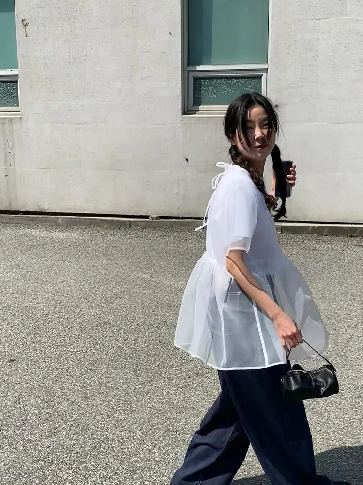 여름 우아한 느슨한 메쉬 짧은 소매 커버 여성 드레스 스커트 높은 허리 스타일 라운드 넥 라인 일반 길이 셔츠