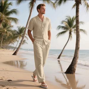 2025 Summer Beach 남성용 린넨 반팔 셔츠 세트는 데일리 캐주얼 해변 휴가에 적합한 투피스 롱 팬츠 세트입니다.