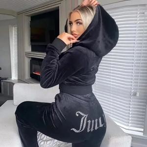 겨울 Juicy Coutoure Tracksuit 여성 벨벳 다이아몬드 긴 소매 바지 후드 정장 조각 세트 지퍼 Tracksuit Crop Top