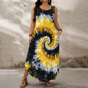 플러스 사이즈 민소매 맥시 드레스 나선형 타이 염색 프린트 캐주얼 Boho Beach Holiday Long Tank Dress