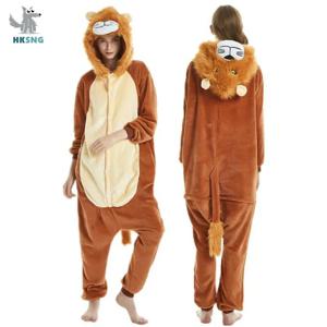 Kigurumi 성인 사자 Onesies 만화 잠옷 동물 할로윈 파티 의상 점프 슈트 후드 잠옷 정장 복장