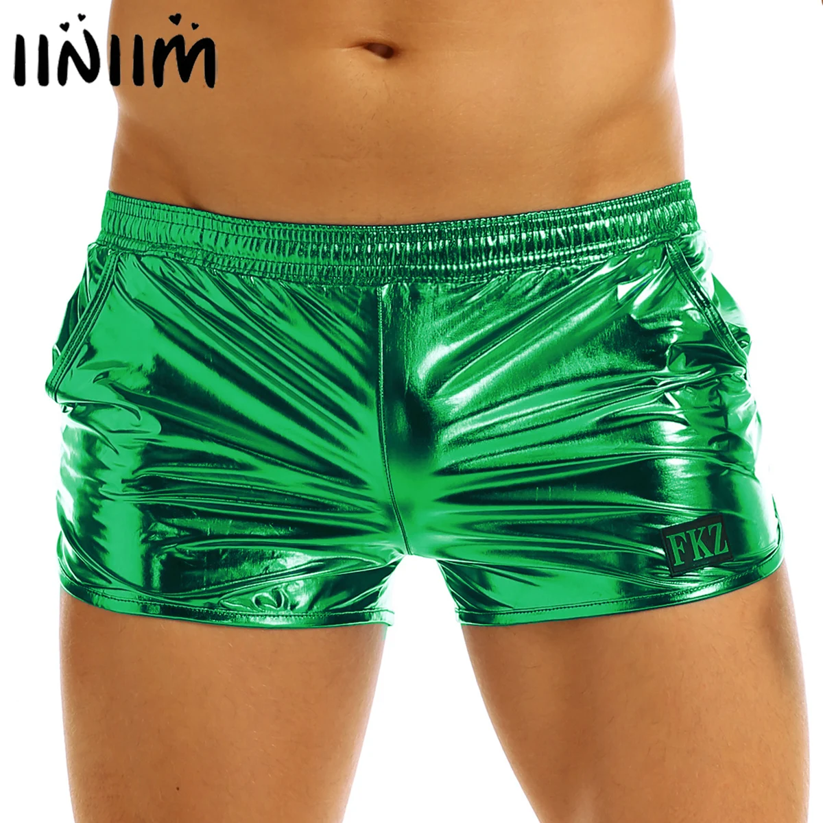 Iiniim Mens Shiny Metallic 비치 풀 나이트 클럽 파티 반바지 복서 반바지 퍼포먼스 쇼 Clubwear 의상 수영 트렁크