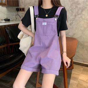 HI-FASHION 여름 빈티지 보라색 진 점프 슈트 여성 코튼 넓은 다리 턱받이 여성 오버올 여성 성격 데님 Rompers