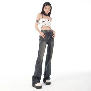 레트로 하이 웨스트 와이드 레그 청바지 여성의 새로운 2025 루즈 피트 부츠 컷 바지 젊은 여성을위한 슬리밍 데님 바지