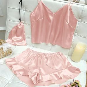 패션 섹시한 속옷 세트 여성 2 조각 잠옷 잠옷 실크 새틴 Bellyband Cami 탑과 반바지 여성용 잠옷 Pijamas