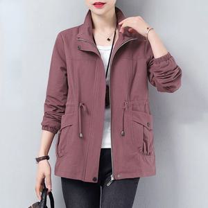 더블 레이어 여성 봄 가을 한국 플러스 사이즈 라이닝 윈드 브레이커 Drawstring 허리 스탠드 칼라 자켓 여성용 자켓