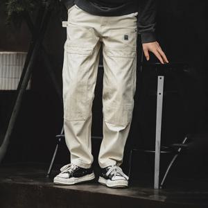 Maden Workwear 아메리칸 레트로 디스트레스드 루즈 오프 화이트 청바지 워시 스트레이트 멀티 포켓 Woodcutter 바지 남성