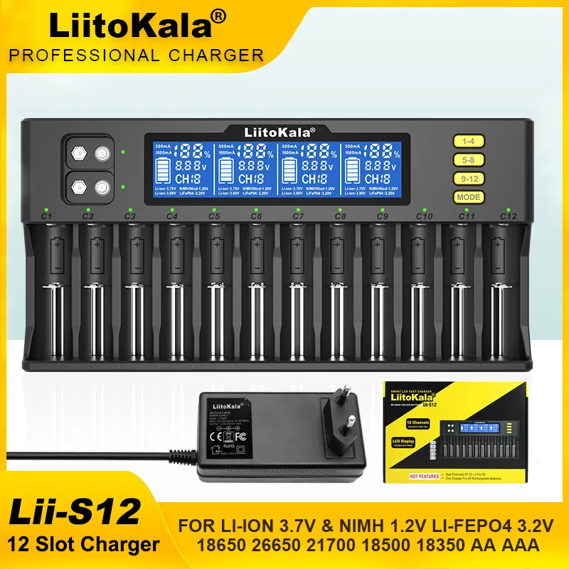 LiitoKala Lii-S12 Lii-S8 18650 21700 26650 9V 배터리 충전기 LCD 1.2V 3.8V 3.2V 3.7V 26700 20700 18350 IMR NiMH/Cd AA AAA