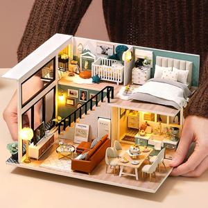 나무 미니 인형 집 DIY 수제 이중 아파트 생산 3D 퍼즐 조립 건물 이중 아파트 모델 장난감 선물
