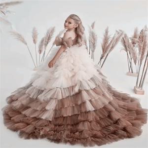 꽃의 소녀 드레스 Tulle Performance Ball 웨딩 아플리케 싱글 숄더 홀리 키즈 생일 선물 첫 성찬식 가운