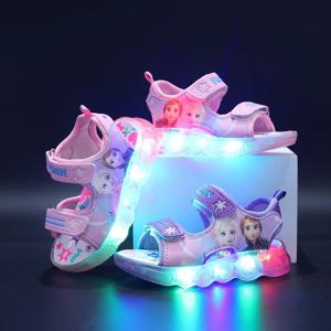 디즈니 소년 소녀 냉동 엘사 공주 Led 조명 빛나는 스포츠 샌들 여름 키즈 샌들 미끄럼 방지 유아 신발 크기 21-3