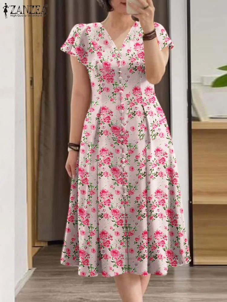 우아한 꽃 드레스 ZANZEA 여성 여름 짧은 소매 파티 Sundress 가운 Femme 인과 휴일 Vestidos Bohemain 인쇄 드레스