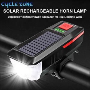 USB 충전식 전원 디스플레이 태양광 자전거 조명, MTB 산악 도로 자전거 프론트 램프, 경적 손전등 포함