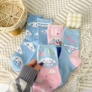 1 쌍 Miniso Cinnamoroll 만화 양말 소녀의 파란색 빗질면 중간 튜브 스타킹 귀여운 산리오 강아지 스타킹