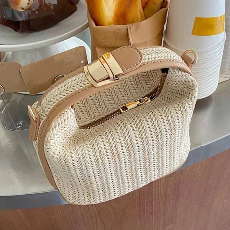 Yogodlns 여름 작은 밀짚 핸드백 트렌디 한 숄더 백 짠 버킷 크로스 바디 백 캐주얼 해변 해변 가방 Gilrs Handle Tote