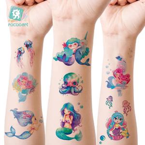 12pcs 어린이 유니콘 인어 문신 다채로운 반짝이 가루 방수 임시 스티커 귀여운 만화 바디 아트 팔 가짜 문신