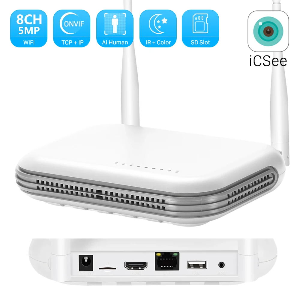 ANBIUX Wifi NVR 미니 8CH 5MP XMeye WIFI 비디오 레코더 무선 보안 시스템 TF 카드 슬롯 얼굴 감지 P2P H.265 iCSee