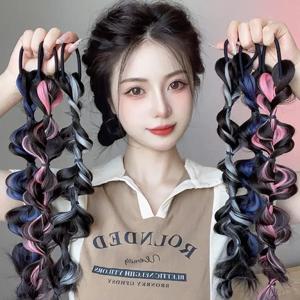 합성 더블 브레이드 가발 포니테일 하이라이트, 다채로운 포니테일 복싱 브레이드, 탄성 고무 밴드, 다채로운 버블 포니테일