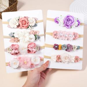 3/4PCS 아기 소녀를위한 인공 꽃 머리띠 세트 꽃 헤어 밴드 신생아 유아 탄성 나일론 키즈 모자를 쓰고 있죠 액세서리