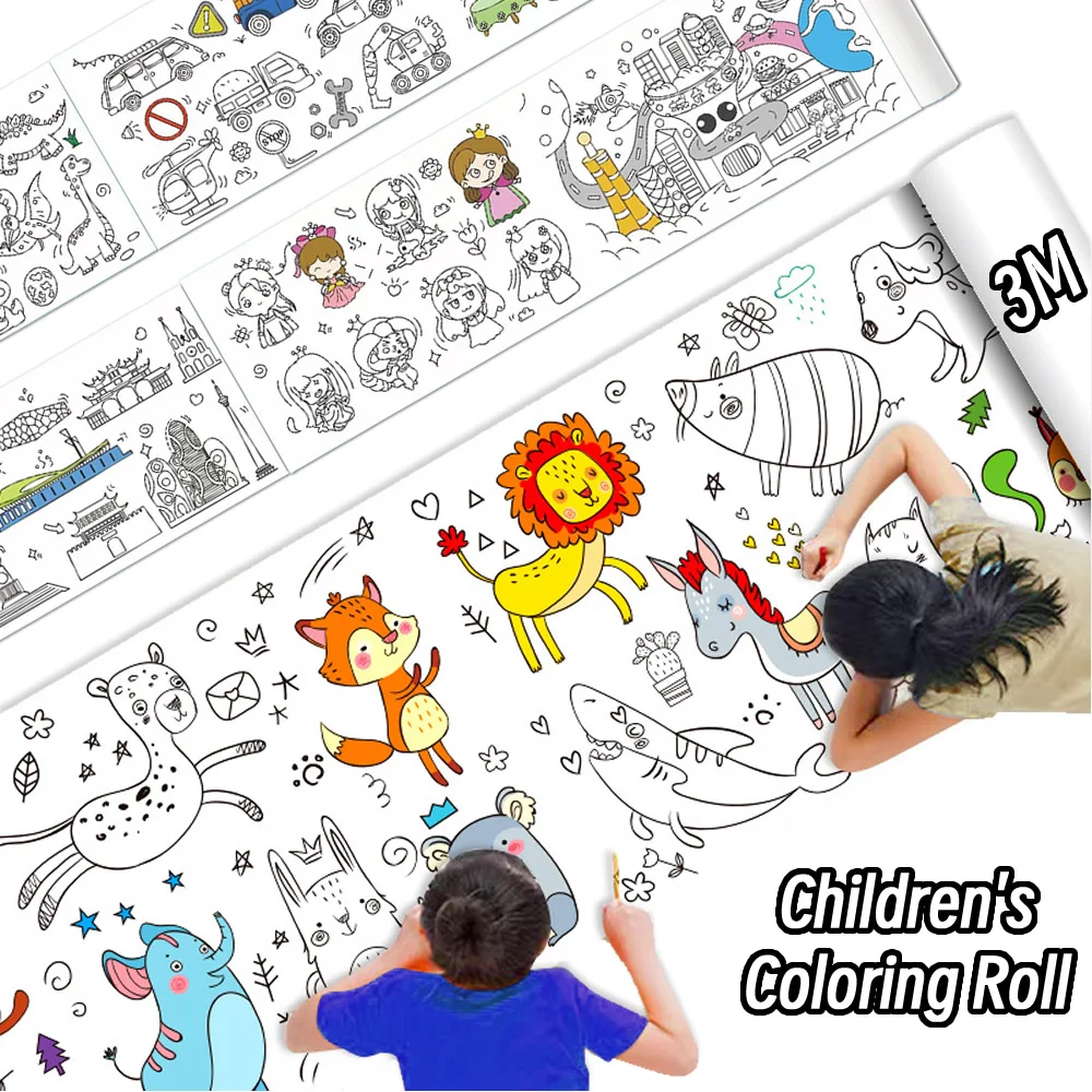 0.9/3M 우주 음식 동물 캔버스 어린이 드로잉 롤 DIY 색칠 종이 롤 색상 작성 낙서 종이 컷 그림 학교