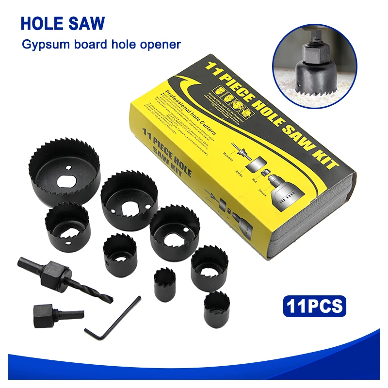 11pc 블랙홀 톱 목공 석고 보드 구멍 오프너 19-64mm 천장 구멍 펀칭 도구 세트 플라스틱 상자