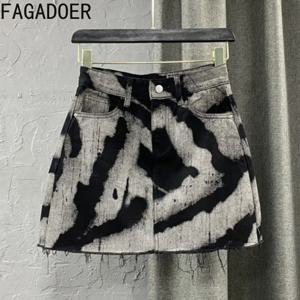 FAGADOER 여성용 그레이 타이 다이 프린팅 패션 데님 미니 스커트, 하이 웨이스트 단추 포켓 A 라인 진 스커트, 섹시한 Y2K 스트리트웨어
