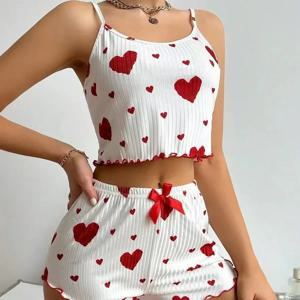 여름 여성 잠옷 잠옷 세트 2 PCS 소프트 캐주얼 러브 인쇄 탱크 탑과 반바지 란제리 세트 잠옷 Loungewear