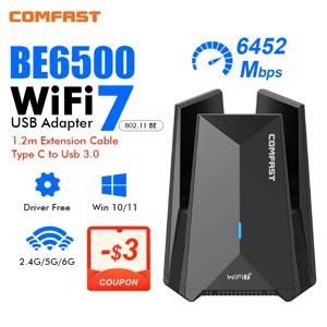 Comfast BE6500 Wifi 7 Usb 어댑터 6Ghz/5G/2G Adaptador Wifi7 Cle USB3.0 수신기 Antena Para PC 네트워크 카드 무료 드라이브 동글