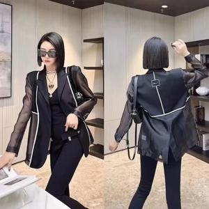 여성용 얇은 패치워크 재킷, 세트 캐주얼 디자인, 루즈한 긴팔 자외선 차단, 블랙 세트 탑, 트렌디한 여름 블레이저, 2024 신상