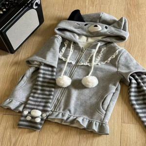 하라주쿠 스트라이프 후드 여성 카와이 탑 고양이 귀 후드 잭커 그런지 streetwear 레이스 패치 y2k 미적 지퍼 스웨트