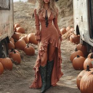민족 레트로 솔리드 프릴 불규칙 드레스 여성 봄 V 넥 슬림 파티 롱 드레스 가을 긴 소매 Boho 맥시 드레스