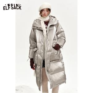 ELFSACK 여성용 후드 드로스트링 포켓 롱 다운 재킷, 2024 겨울 신상