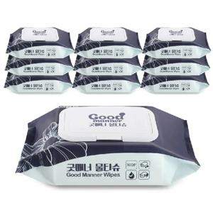 굿매너 물티슈 100매x10팩 녹차추출물 함유 저자극 보송보송 부드러운 원단 캡형