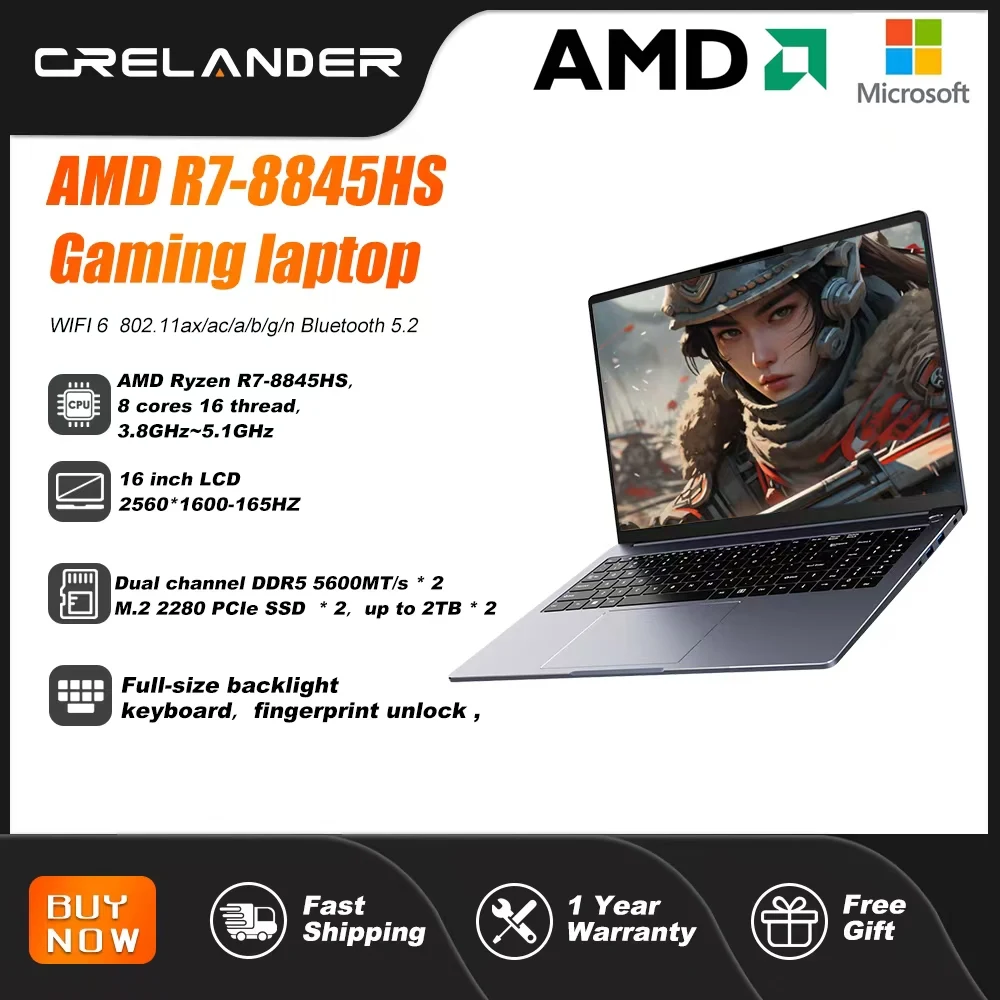 CRELANDER 노트북 AMD Ryzen 8845HS 프로세서8코어 16스레드 16인치 LCD 2560*1600-165HZ DDR5 노트북 컴퓨터 게임용 노트북