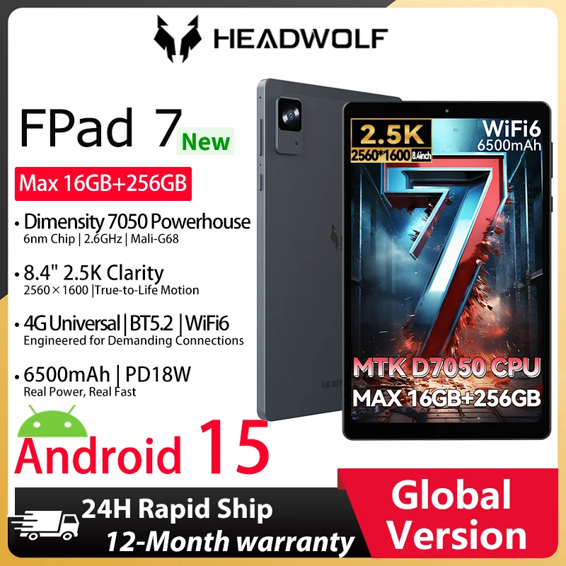 헤드울프 FPad7 태블릿 8인치 FHD 디스플레이 안드로이드 15 MTK 디멘시티 7050 CPU 2560x1600 IPS/16GB+256GB/ 4G LTE 글로벌 버전
