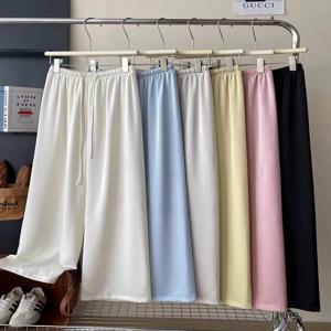 새틴 스트레이트 바지 하이 웨이스트 아세트산 아이스 와이드 레그 팬츠 여성 여름 느슨한 Drawstring Floor-mopping 캐주얼 바지
